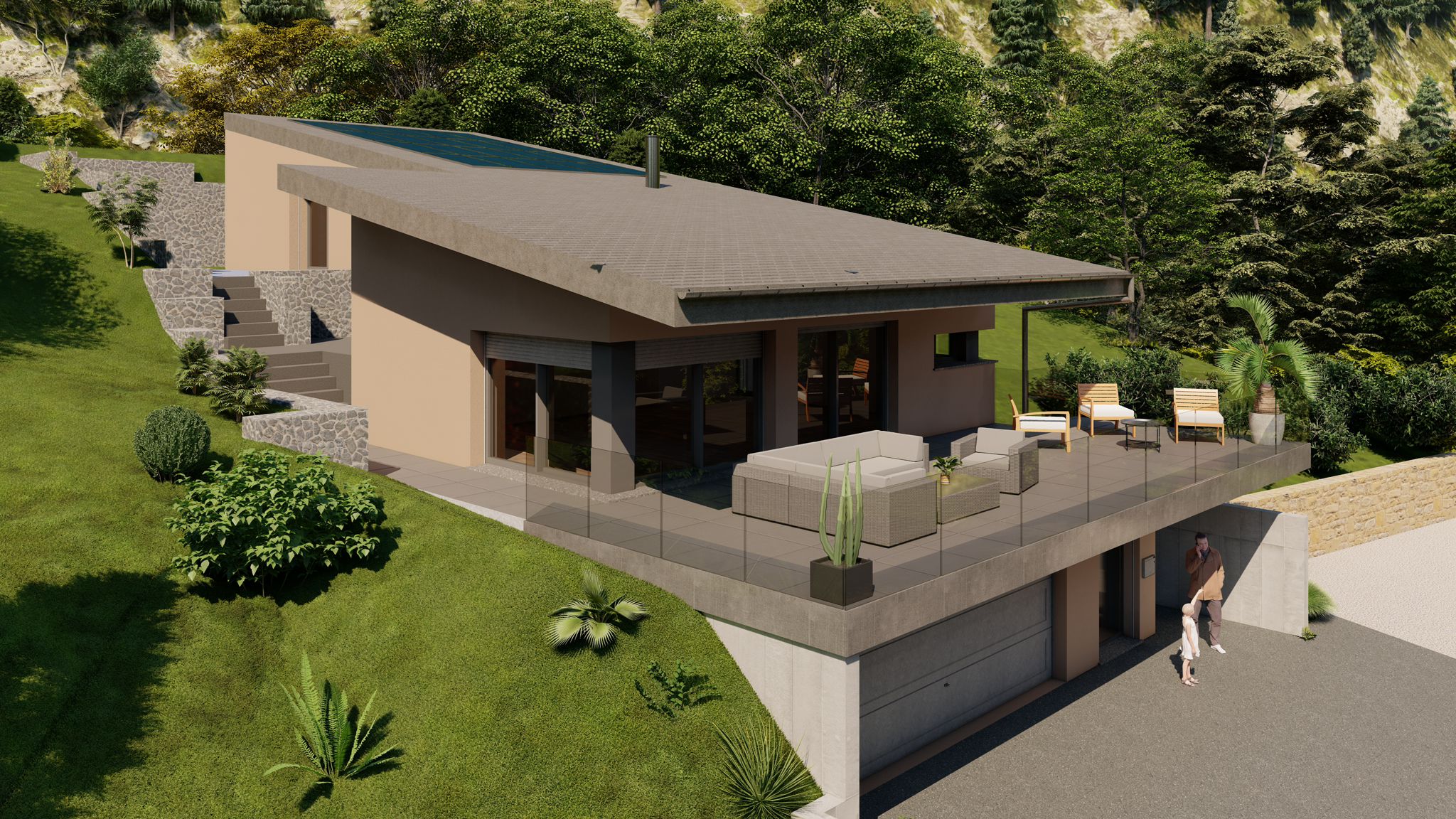 Villa Nova Home vue aérienne avec terrasse à Noiraigue